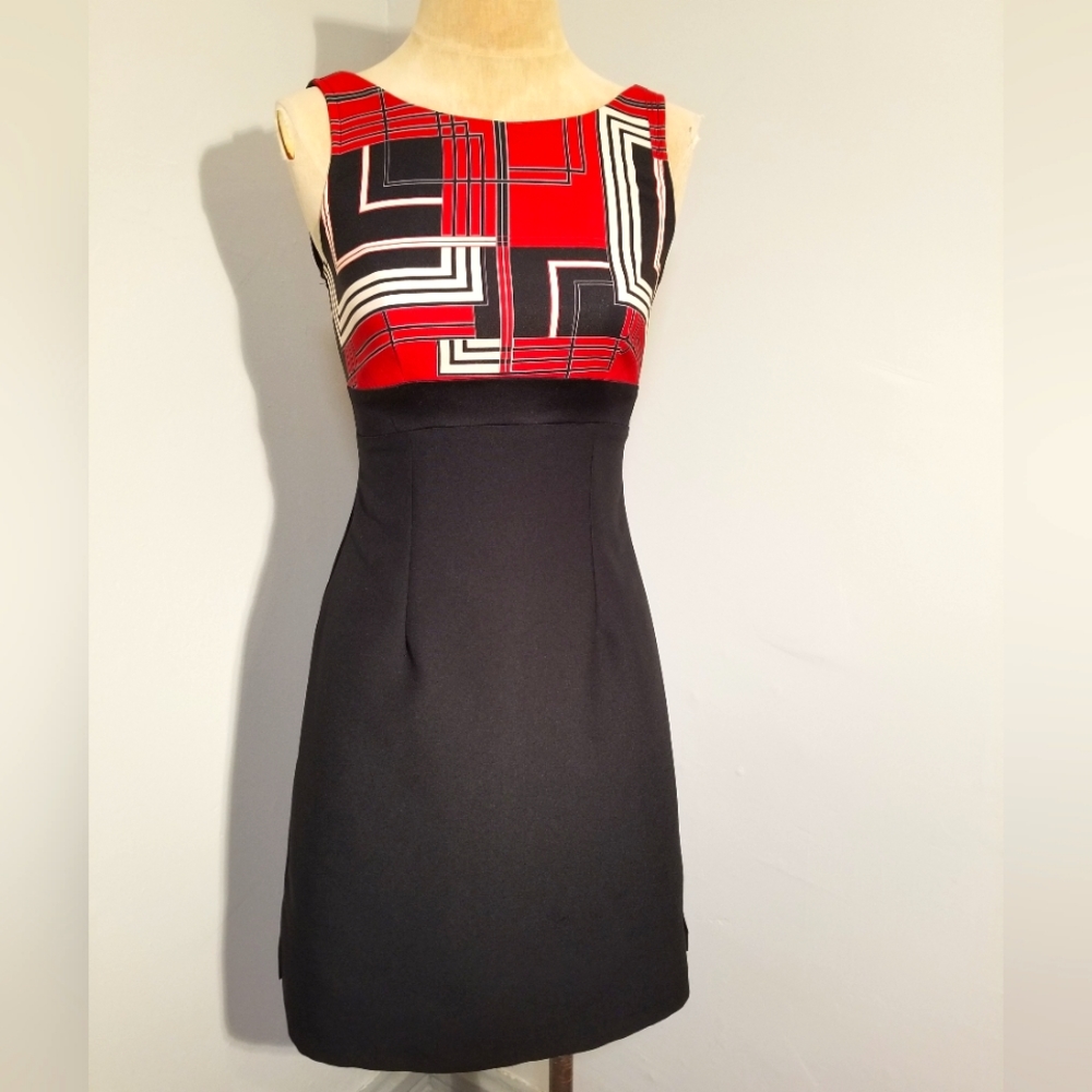 VTG HEART SOUL DRESS VINTAGE 90S RAVER GEOMETRIC STRIPED Y2K RED BLACK RED RETRO